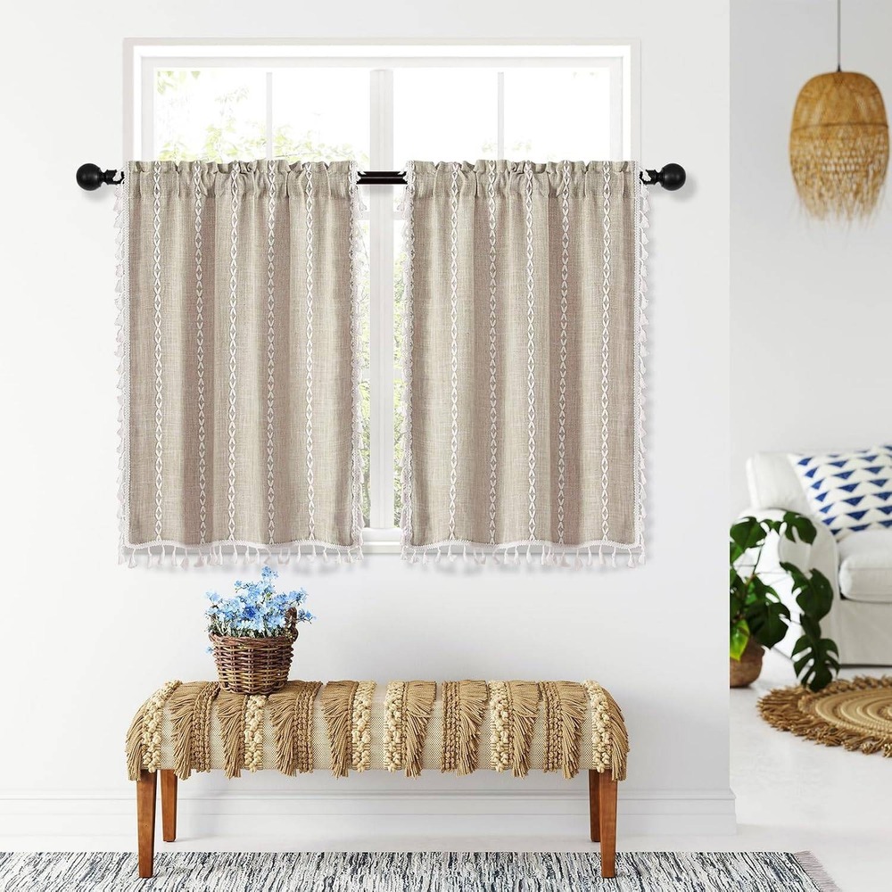 Boho Farmhouse Tier Curtains 26x36 Linen Texture Tassel Fringe Beige 2 Panels